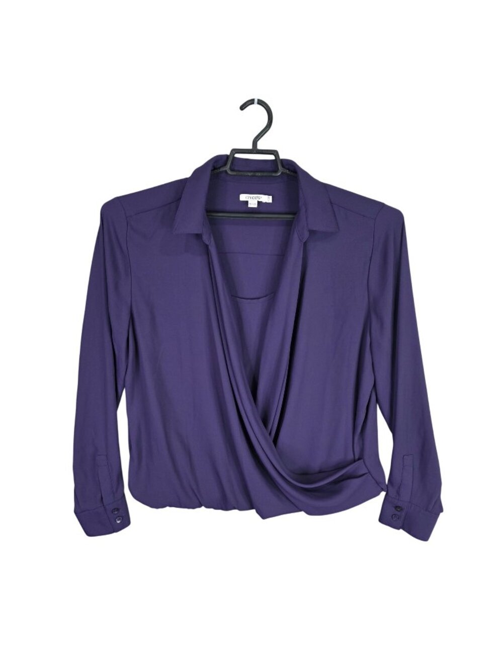 Womens Chicos Purple Draped Crossover Blouse Long Sleeve Polyester Size 14